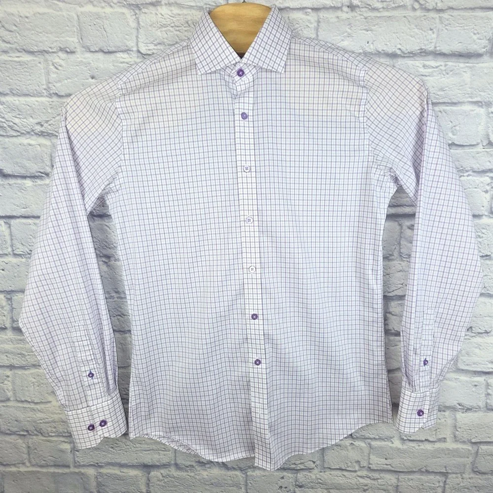 Twillory Performance Dress Shirt Mens Tailored Fit Purple Check Stretch 15 34-35